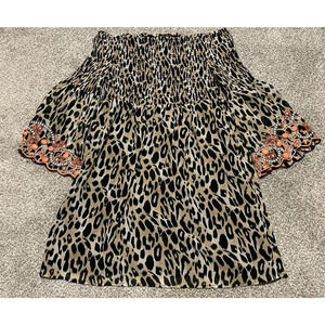 Boston Proper Womens Dress Large Animal Print Beaded Off the Shoulder Mob Wife